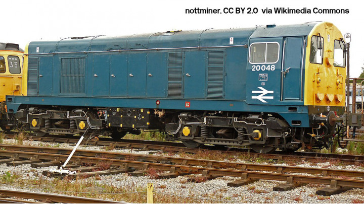 Class 20 in BR blue livery with full yellow ends, white cab roof, double arrows and domino head codes - no DCC